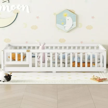 Kumix Toddler Floor Bed with Fence Guardrail and Door, Twin Floor Bed with Slats Support for Kids Boys & Girls, Wooden Montessori Floor Bed Frame for Bedroom, Floor Bed for Toddlers 1-3, White