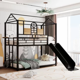 Kumix Bunk Bed with Slide, Low Twin Over Twin Bunk Bed with Shelf, Full-Length Guardrail and Ladder for Boys and Girls, Housebed for Dormitories, Bedrooms, Space-Saving, Black with Black Slide