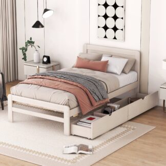 Platform Bed Kumix Twin Size, Noise-Free Bed Frame with Pine Headboard and 2 Drawers, Solid Wood Platform Bed with Slats Support for Girls Boys for Bedrooms, No Box Spring Needed, White