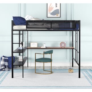 Kumix Loft Bed with Desk and Shelves, Loft Bed Full Size with 2 Side Ladders and Textilene Guardrail for Kids, Teens, Adults, Sturdy Metal Bed Frame for Bedroom, Dom, Noise-Free, Space-Saving, Black
