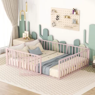 Kumix Toddler Floor Bed, Queen Size Floor Bed with Fence and Door for Kids 1-3, Metal Floor Bed with Safety Guardrail for Bedroom, Apartment, No Box Spring Needed, Easy to Install, Pink