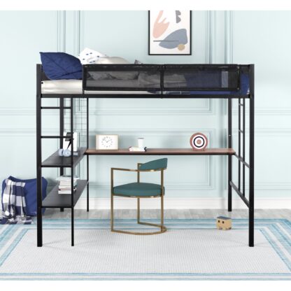 Kumix Loft Bed with Desk and Shelves, Loft Bed Full Size with 2 Side Ladders and Textilene Guardrail for Kids, Teens, Adults, Sturdy Metal Bed Frame for Bedroom, Dom, Noise-Free, Space-Saving, Black