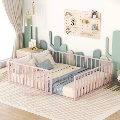 Kumix Toddler Floor Bed, Queen Size Floor Bed with Fence and Door for Kids 1-3, Metal Floor Bed with Safety Guardrail for Bedroom, Apartment, No Box Spring Needed, Easy to Install, Pink