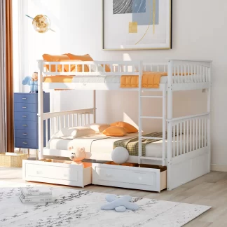 Kumix Full over Full Bunk Bed, Bunk Bed with 2 Drawers and Full-Length Guardrail for 2 Kids, Convertible Bunk Beds for Bedroom, Wood Bunk Bed Full Size, Space-Saving, Noise-Free, White