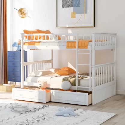 Kumix Full over Full Bunk Bed, Bunk Bed with 2 Drawers and Full-Length Guardrail for 2 Kids, Convertible Bunk Beds for Bedroom, Wood Bunk Bed Full Size, Space-Saving, Noise-Free, White