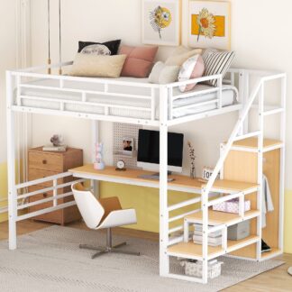 Kumix Full Size Loft Bed with Desk, Metal Loft Bed with Storage Staircase and Small Wardrobe for Kids Teens, Multifunctional Loft Bed with Ladder and Guardrails, Space-Saving, White