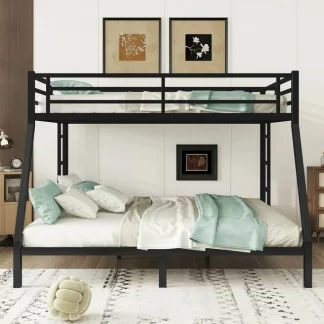 Kumix Queen over King Bunk Bed, Metal Bunk Bed for Kids with Full Length Guardrail and 2 Build-in Ladders, Heavy Duty Bunk Bed Frame for Bedroom, Dom, Space-Saving, No Box Spring Needed, Black