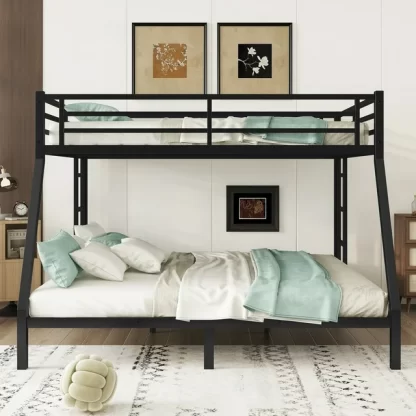 Kumix Queen over King Bunk Bed, Metal Bunk Bed for Kids with Full Length Guardrail and 2 Build-in Ladders, Heavy Duty Bunk Bed Frame for Bedroom, Dom, Space-Saving, No Box Spring Needed, Black