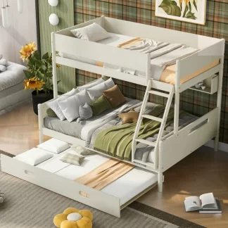 Kumix Bunk Bed Twin over Full, Bunk Bed with Trundle, Heavy Duty Wood Bunk Bed Frame with 4 Shelves, Inclined Ladder and Safety Guardrail for Kids Teens, Space-Saving Design, Noise Free, White