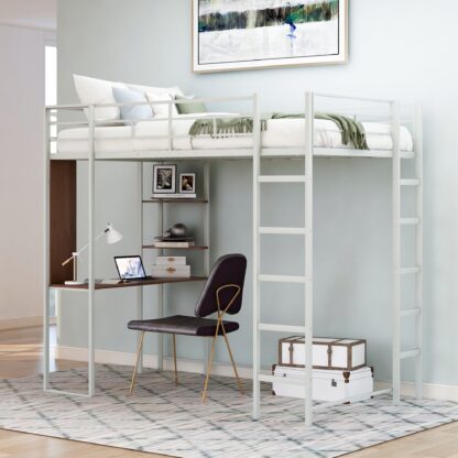 Kumix Loft Bed Twin Size, Metal Loft Bed with Desk and Shelves for Kids Teens, Space-Saving Loft Bed with Full-Length Guardrails and Two Sides Ladders for Bedroom, Noise-Free, Silver