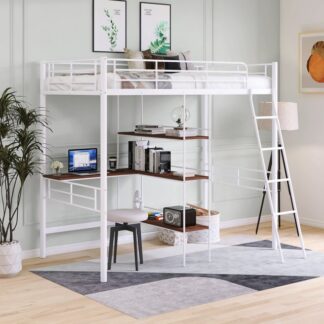 Kumix Loft Bed Twin Size, Metal Loft Bed with Desk and Shelves for Adults Teens, Twin Loft Bed for Kids with Full Length Guardrail and Ladder for Bedroom, Dom, Space-Saving, Noise-Free, White