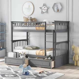 Kumix Twin over Twin Bunk Bed, Bunk Bed with 2 Drawers and Full-Length Guardrail for 2 Kids, Convertible Bunk Beds for Bedroom, Wood Bunk Bed Twin Size, Space-Saving, Noise-Free, Gray