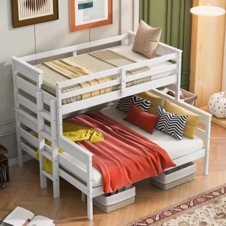 Kumix Bunk Bed Twin XL over Queen, Wooden Heavy Duty Bunk Beds for Kids with Safety Guard Rails, Build-in Ladder, 2 Bunk Beds Can Convertible into 2 Separate Beds, Noiseless, White
