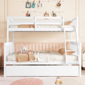 Kumix Twin over Full Bunk Bed with Trundle, Wood Bunk Bed with Convertible Ladder and Full-Length Guardrail for Kids Teens, Noise Free Bunk Bed Can Convertible into 2 Beds for Bedroom, White