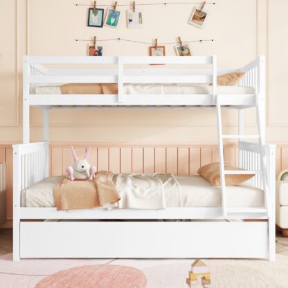 Kumix Twin over Full Bunk Bed with Trundle, Wood Bunk Bed with Convertible Ladder and Full-Length Guardrail for Kids Teens, Noise Free Bunk Bed Can Convertible into 2 Beds for Bedroom, White