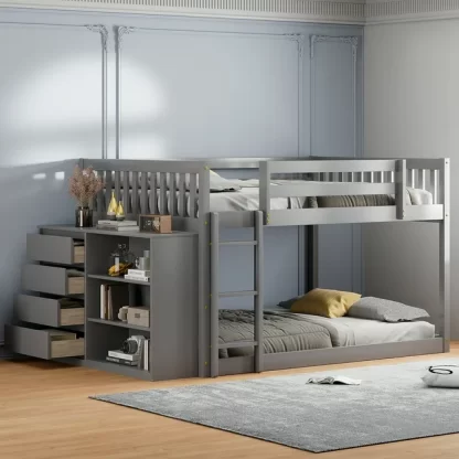 Kumix Full over Full Bunk Bed, Low Bunk Bed with 4 Drawers and 3 Storage Cabinets, Wood Bunk Beds for Kids with Full-Length Guardrail and Ladder, Noise Free, No Box Spring Needed, Gray