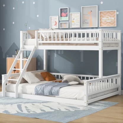 Kumix Bunk Bed Twin XL over Queen, Wood Bunk Bed with Ladder and Full-Length Guardrail for Kids, Teens, Adults, 2 Beds Bunk Bed Can Convertible into 2 Separate Beds for Bedroom, Easy Assembly, White