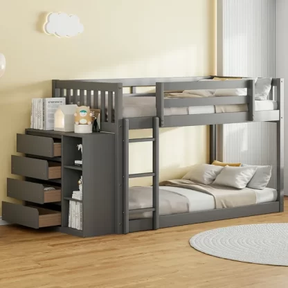 Kumix Twin over Twin Bunk Bed, Low Bunk Bed with 4 Drawers and 3 Storage Cabinets, Wood Bunk Beds for Kids with Full-Length Guardrail and Ladder, Noise Free, No Box Spring Needed, Gray