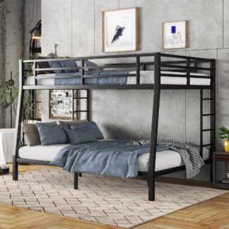 Kumix Full XL over Queen Bunk Bed, Metal Bunk Bed for Kids with Full Length Guardrail and 2 Build-in Ladders, Heavy Duty Bunk Bed Frame for Bedroom, Dom, Space-Saving, No Box Spring Needed, Black