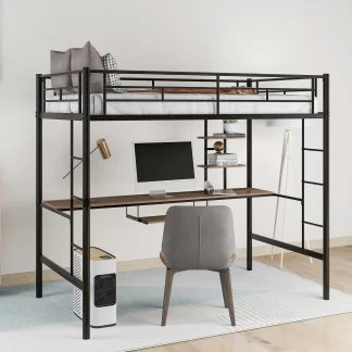 Kumix Loft Bed Twin Size, Metal Loft Bed with Desk and Full-Length Guardrail for Kids, Teens, Adults, Space Saving Loft Bed with Shelf for Bedroom, Dormitory, No Box Spring Needed, Black