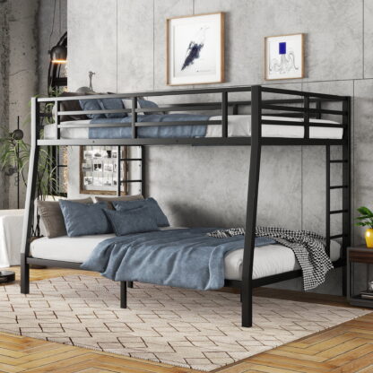 Kumix Full XL over Queen Bunk Bed, Metal Bunk Bed for Kids with Full Length Guardrail and 2 Build-in Ladders, Heavy Duty Bunk Bed Frame for Bedroom, Dom, Space-Saving, No Box Spring Needed, Black