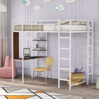 Kumix Loft Bed Twin Szie, Metal Loft Bed with Desk and Shelves for Kids Teens, Space-Saving Loft Bed with Full-Length Guardrails and Two Sides Ladders for Bedroom, Noise-Free, White
