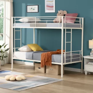 Kumix Bunk Bed Twin over Twin, Heavy Duty Bunk Bed with Safety Guardrails and Ladders for Kids, 2 Beds Bunk Bed Can Convertible into 2 Twin Beds for Bedroom, Noise Free, Space-Saving, White