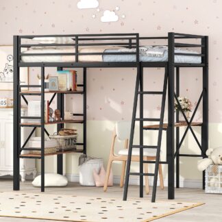 Kumix Loft Bed with Desk, Loft Bed Twin Size with Shelves, Full-Length Guardrail and Ladder for Kids, Teens, Adults, Heavy Duty Loft Bed for Bedroom, Space-Saving, Noise Free, Black
