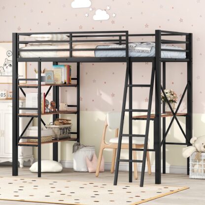 Kumix Loft Bed with Desk, Loft Bed Twin Size with Shelves, Full-Length Guardrail and Ladder for Kids, Teens, Adults, Heavy Duty Loft Bed for Bedroom, Space-Saving, Noise Free, Black