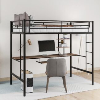 Kumix Loft Bed Twin Size, Metal Loft Bed with Desk and Shelves for Kids, Teens, Adults, Space-Saving Loft Bed Frame with Full Length Guardrail and Ladder for Bedroom, Noise-Free, Black