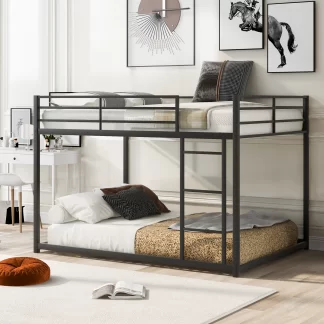Kumix Bunk Bed Full over Full, Low Bunk Bed with Guardrails and Built-in Ladder, Metal Bunk Bed for Kids Teens, Floor Full Bunk Beds for Bedroom, Dom, Noise Free, Black