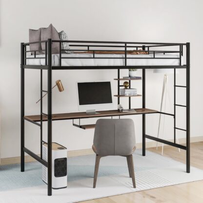 Kumix Loft Bed Twin Size, Metal Loft Bed with Desk and Shelves for Kids, Teens, Adults, Space-Saving Loft Bed Frame with Full Length Guardrail and Ladder for Bedroom, Noise-Free, Black