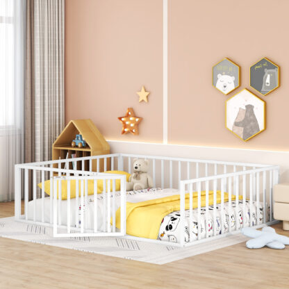 Kumix Toddler Floor Bed, Queen Size Floor Bed with Fence and Door for Kids 1-3, Metal Floor Bed with Safety Guardrail for Bedroom, Apartment, No Box Spring Needed, Easy to Install, White