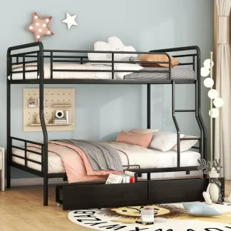Kumix Full over Queen Bunk Bed, Full Size Bunk Bed with Drawer, Full-Length Guardrail and Ladder for Kids, Teens, Adults, Metal Bunk Bed Can Convertible into 2 Bed for Bedroom, Space-Saving, Black