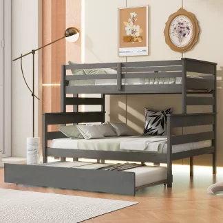Kumix Twin over Full Bunk Bed, Wood Bunk Bed with Trundle, Slat Support and Full-Length Guardrail for Kids Teens, Can Convertible into 3 Separate Beds, No Box Spring Needed, Gray