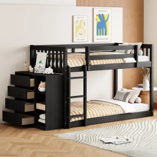 Kumix Twin over Twin Bunk Bed, Low Bunk Bed with 4 Drawers and 3 Storage Cabinets, Wood Bunk Beds for Kids with Full-Length Guardrail and Ladder, Noise Free, No Box Spring Needed, Espresso
