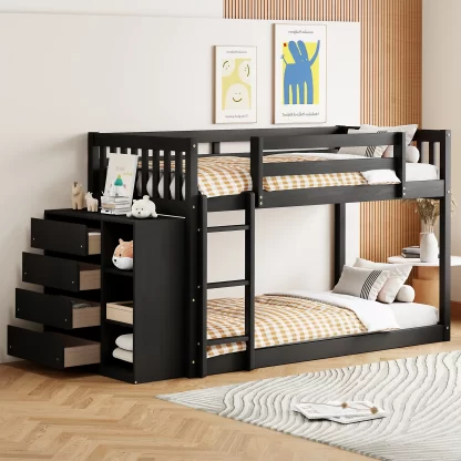 Kumix Twin over Twin Bunk Bed, Low Bunk Bed with 4 Drawers and 3 Storage Cabinets, Wood Bunk Beds for Kids with Full-Length Guardrail and Ladder, Noise Free, No Box Spring Needed, Espresso