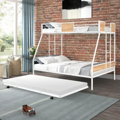 Kumix Twin over Full Bunk Bed with Trundle, Bunk Bed Twin Size with Full-length Guardrail and Ladders for Kids, Teens, Adults, Metal Bunk Bed for Bedrooms, Noise Free, Easy to Install, White
