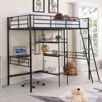 Kumix Loft Bed Twin Size, Metal Loft Bed with Desk and Shelves for Adults Teens, Twin Loft Bed for Kids with Full Length Guardrail and Ladder for Bedroom, Dom, Space-Saving, Noise-Free, Black