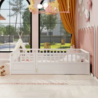 Kumix Full Size Floor Bed, Wood Floor Bed with Fence and Door for Kids, Boys/Girls, Toddler Floor Bed with Safety Guardrails, Montessori Floor Bed Frame for Bedroom, Easy Assembly, White