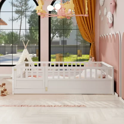 Kumix Full Size Floor Bed, Wood Floor Bed with Fence and Door for Kids, Boys/Girls, Toddler Floor Bed with Safety Guardrails, Montessori Floor Bed Frame for Bedroom, Easy Assembly, White
