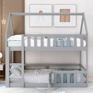 Kumix Twin over Twin Bunk Bed, House Bed for Kids with Fence and Door, Apartment Space-Saving Design Toddler Bed, Wood Floor Bed Twin Size with Build-in Ladder for Bedroom, Noise Free, Gray