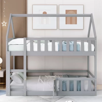 Kumix Twin over Twin Bunk Bed, House Bed for Kids with Fence and Door, Apartment Space-Saving Design Toddler Bed, Wood Floor Bed Twin Size with Build-in Ladder for Bedroom, Noise Free, Gray