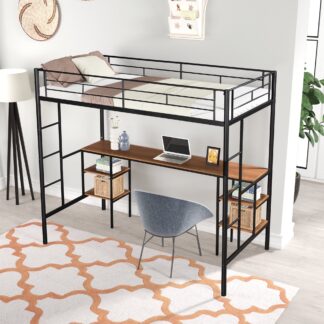 Kumix Loft Bed Twin Size, Metal Loft Bed with Desk and Shelves for Kids Teens Adults, Heavy Duty Loft Bed with Safety Guardrail and 2 Side Ladders, Noise Reduced, No Box Spring Needed, Black