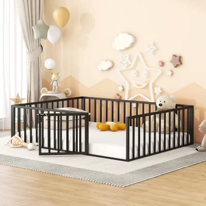 Kumix Toddler Floor Bed, Queen Size Floor Bed with Fence and Door for Kids 1-3, Metal Floor Bed with Safety Guardrail for Bedroom, Apartment, No Box Spring Needed, Easy to Install, Black