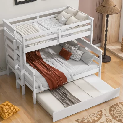 Kumix Twin over Full Bunk Bed, Wood Bunk Bed with Trundle, Slat Support and Full-Length Guardrail for Kids Teens, Can Convertible into 2 Separate Beds, No Box Spring Needed, White