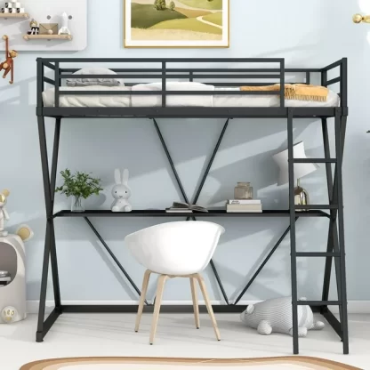 Kumix Loft Bed with Desk, Loft Bed Twin Size with Ladder and Full-Length Guardrails for Kids Teens, Metal Loft Bed with X-Shaped Frame, Space-Saving, Noise Free, No Box Spring Needed, Black
