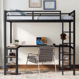 Kumix Loft Bed Full Size, Metal Loft Bed with Desk and Shelves for Kids Teens, Heavy Duty Loft Bed with Ladder and Safety Guardrails, Space-Saving Loft Bed Frame for Bedroom, Noise-Free, Black