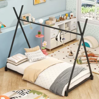 Kumix Floor Bed Twin Size, Tent Floor Bed with Triangle Structure for Kids Boys and Girls, Metal Toddler Floor Bed with X-Rail, Tent Floor Bed Frame for Bedroom, Noise Free Twin Toddler Bed, Black
