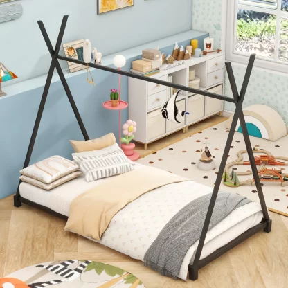 Kumix Floor Bed Twin Size, Tent Floor Bed with Triangle Structure for Kids Boys and Girls, Metal Toddler Floor Bed with X-Rail, Tent Floor Bed Frame for Bedroom, Noise Free Twin Toddler Bed, Black